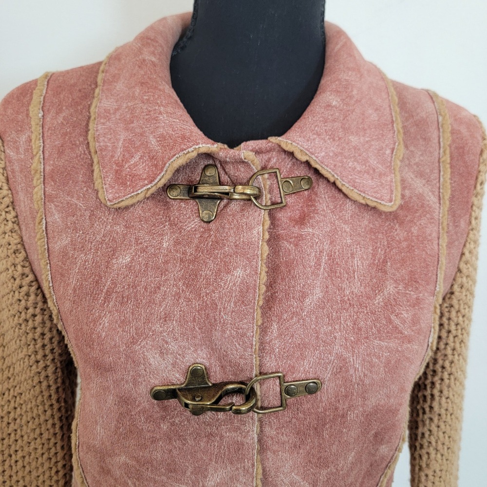 VTG Y2K Wool Faux Shearling Knit Toggle Cardigan Jacket Large Retro Boho Western - Picture 5 of 16